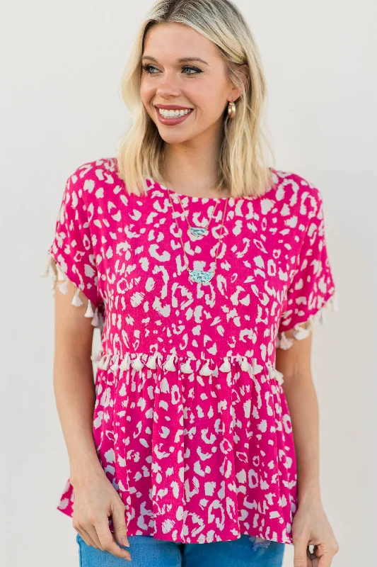 Live Your Life Hot Pink Leopard Tassel Top