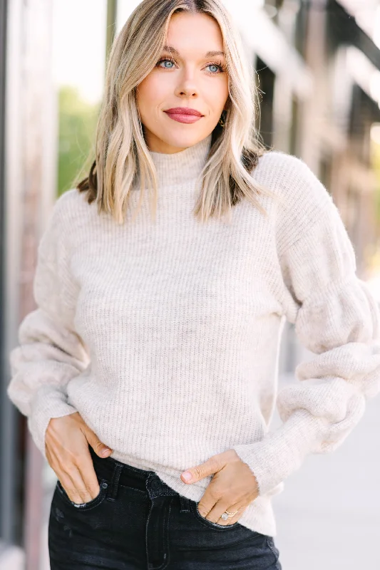 Take Notice Oatmeal Brown Bubble Sleeve Sweater