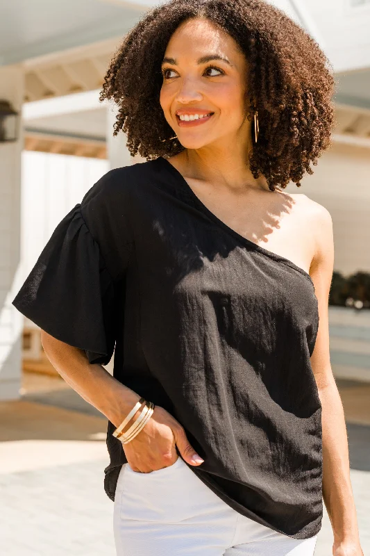 You're Too Kind Black One Shoulder Blouse