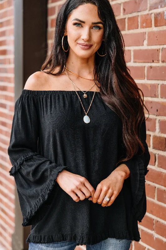 Make It Happen Black Linen Off Shoulder Top