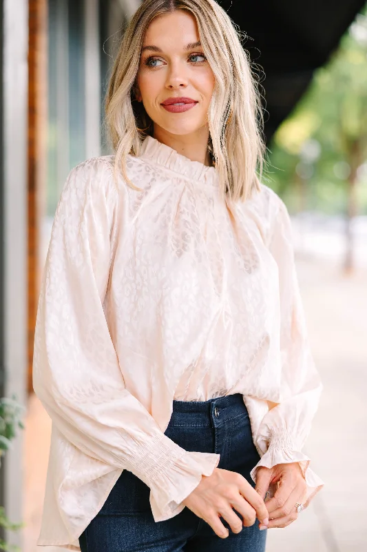 It's A Joy Champagne White Satin Leopard Blouse