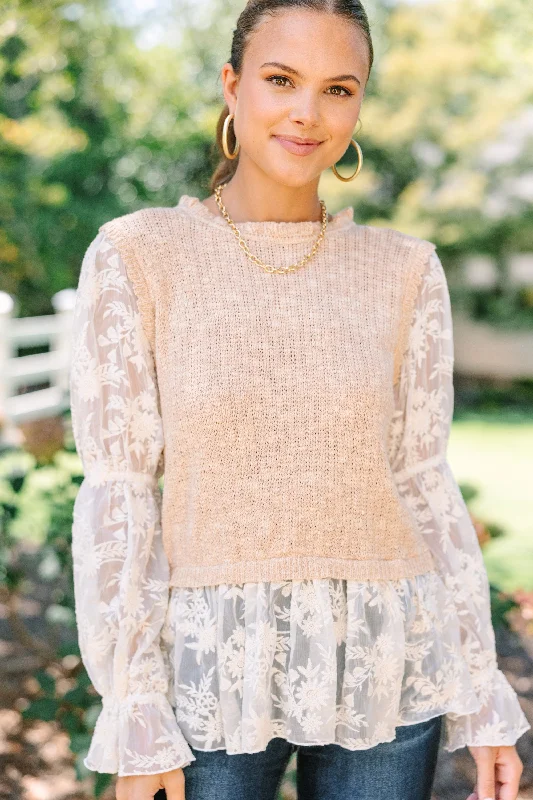 Fate: On Your Way Taupe Brown Lace Blouse