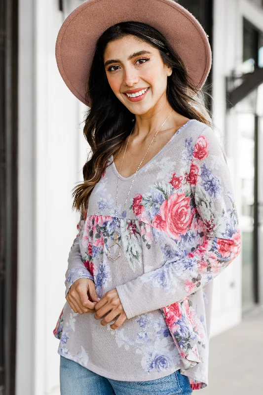 On The Right Side Taupe Gray Floral Top