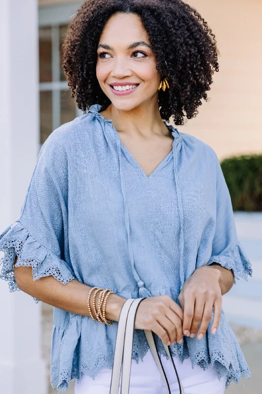 Looking Out Chambray Blue Ruffled Top