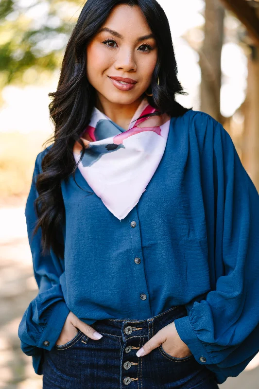 Hold Tight Teal Blue Button Down Blouse