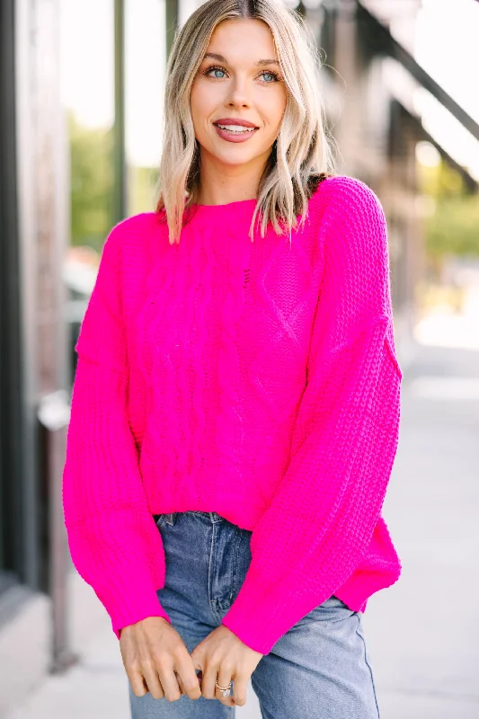 It Takes Time Fuchsia Pink Cable Knit Sweater