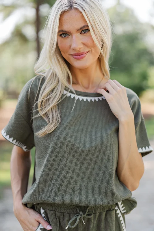 All Worth It Olive Green Embroidered Top