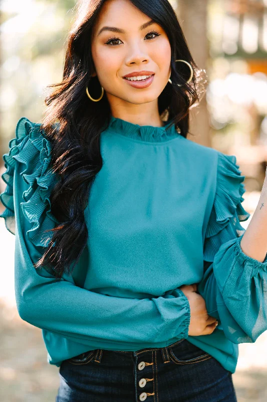 Just Can't Wait Teal Blue Ruffled Blouse