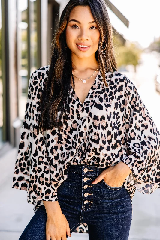 Out In The Wild Taupe Brown Leopard Blouse