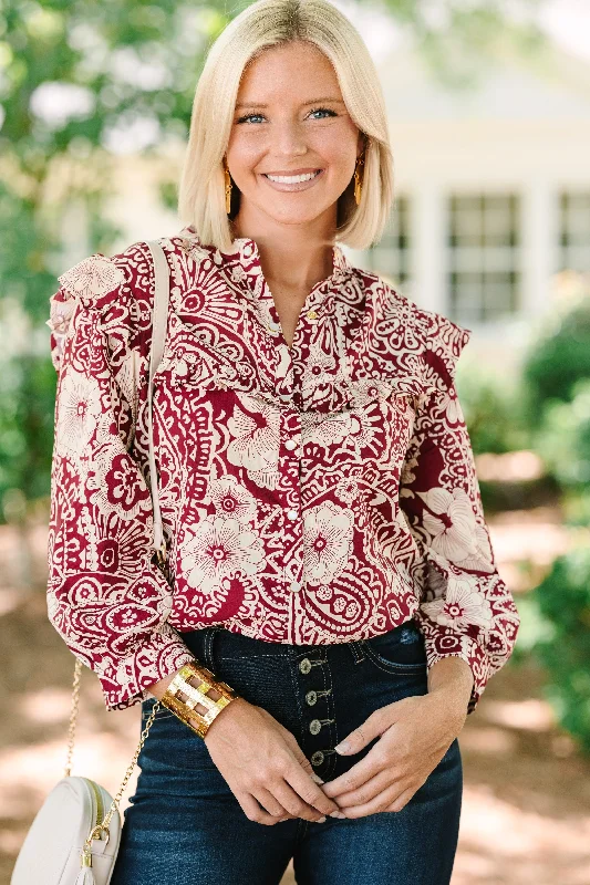 Keep It Up Sangria Red Floral Ruffled L/S Blouse