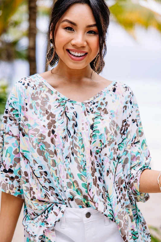 Just You Wait Aqua & Brown Floral Pocket Top