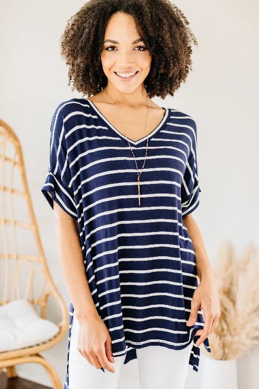 This Is No Joke Navy Blue Striped Top