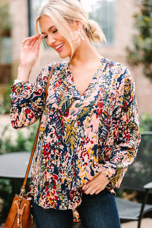 Waiting On Love Navy and Rust 3/4 Sleeve Floral Top