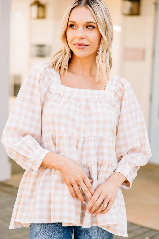 Feeling Fun Taupe Gingham Blouse