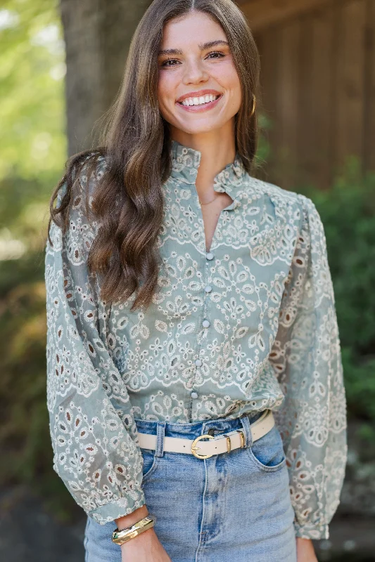 Can't Get Away Dark Sage Eyelet Blouse