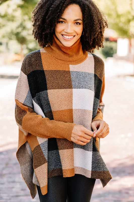 Get Your Attention Camel Brown Plaid Sweater