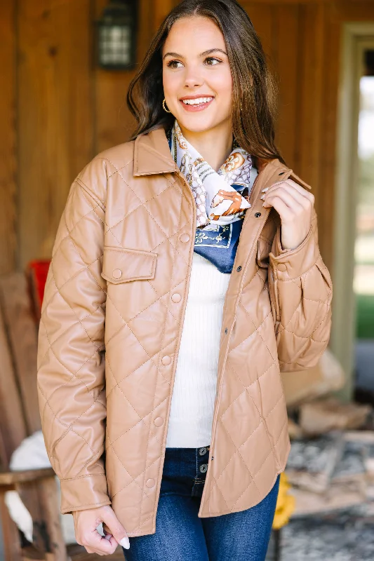 On A Mission Camel Brown Faux Leather Puffer Jacket