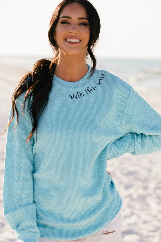 Ride The Wave Aqua Blue Embroidered Corded Sweatshirt