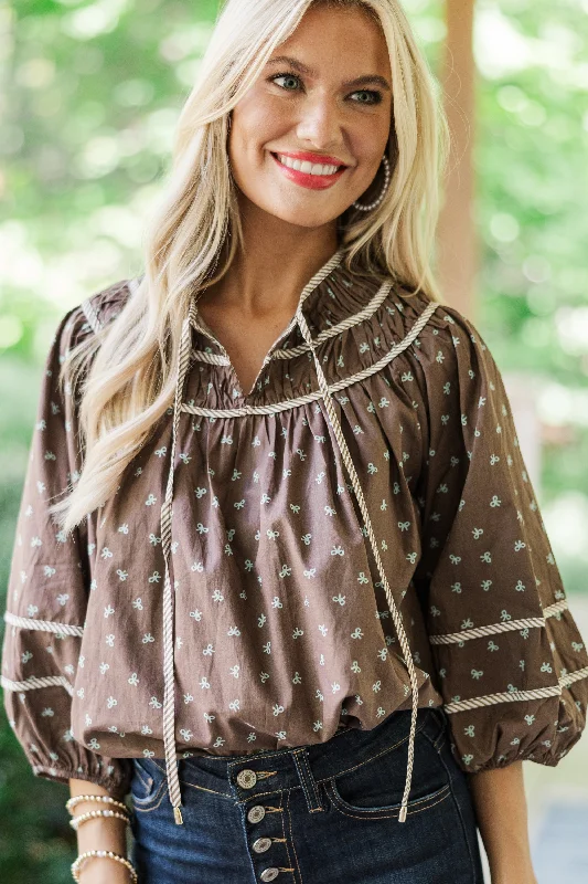 Can't Lose You Brown Bow Print Blouse