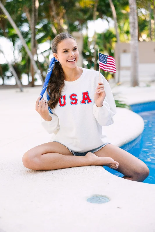 USA Patriotic White Varsity Corded Sweatshirt