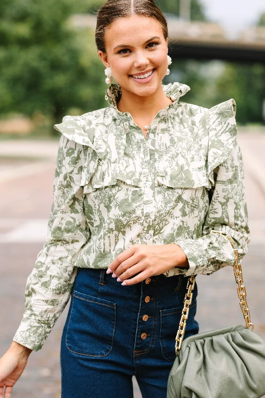 On Your Time Olive Green Toile Button Down Blouse