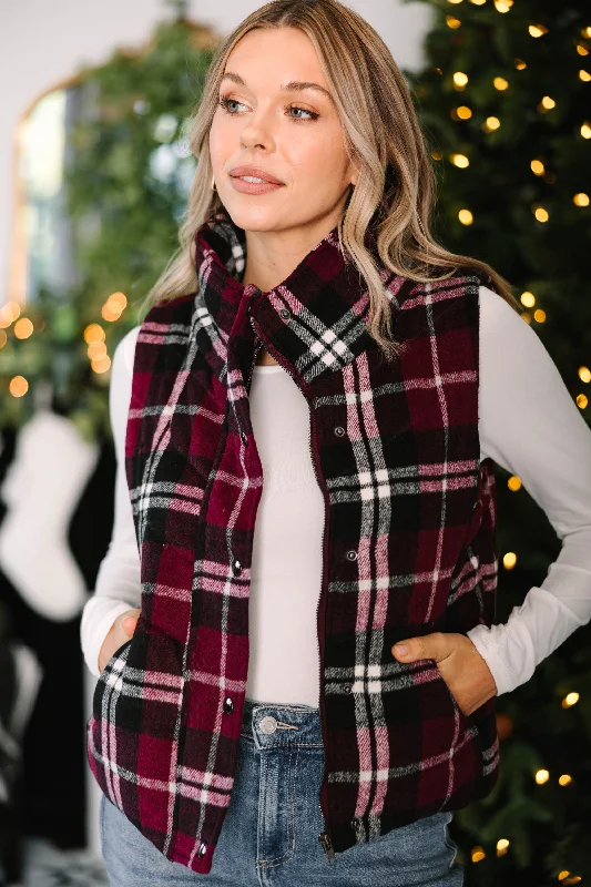 Happy To Be Here Wine Red Plaid Vest