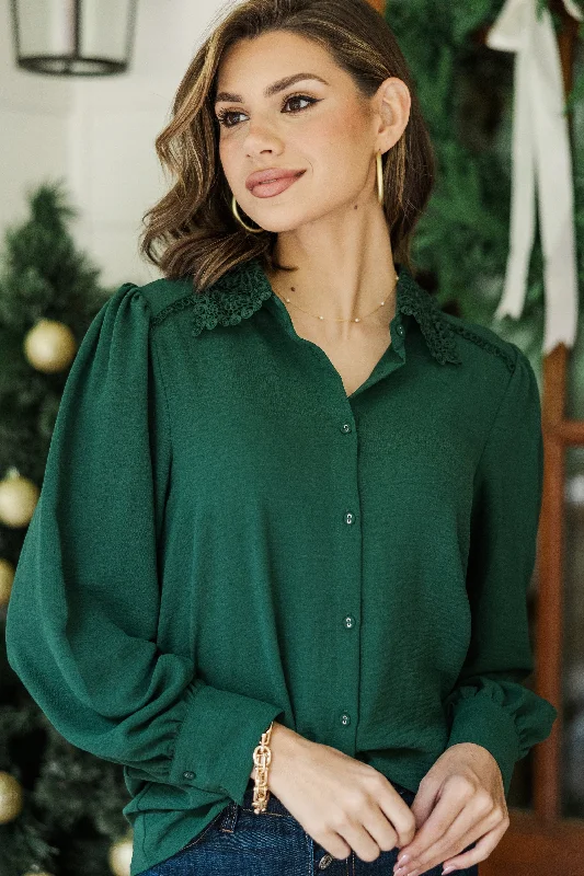 Touch My Heart Hunter Green Crochet Trim Blouse