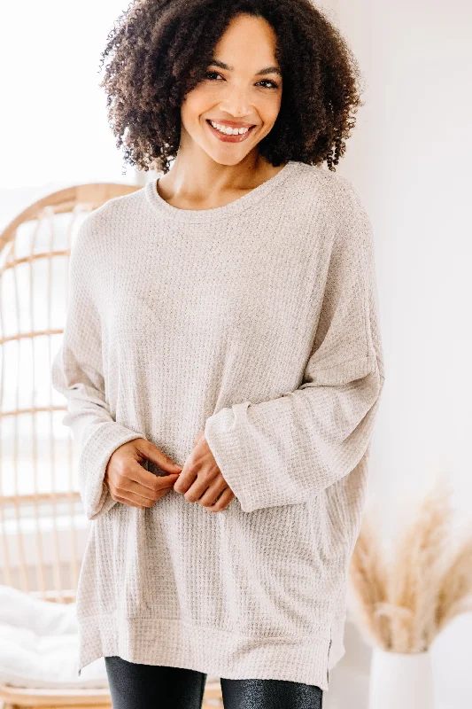 It's All Possible Oatmeal Brown Waffle Knit Tunic