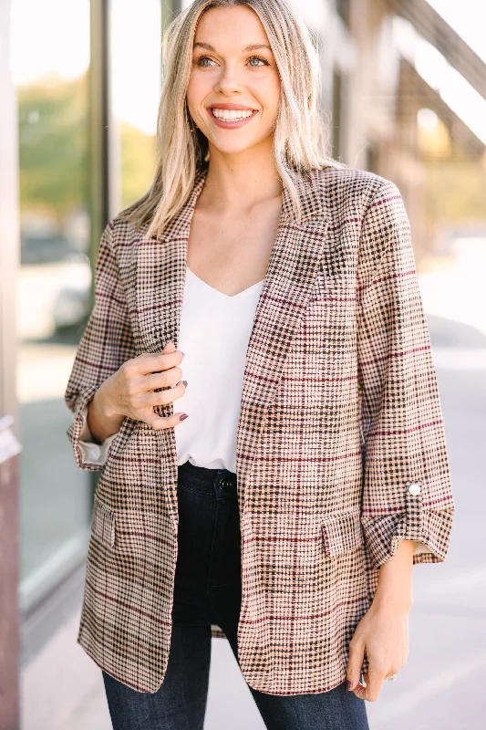 Take A Hint Camel Brown Plaid Blazer