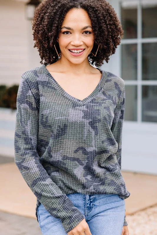 Take A Drive Olive Green Camo Waffle Top