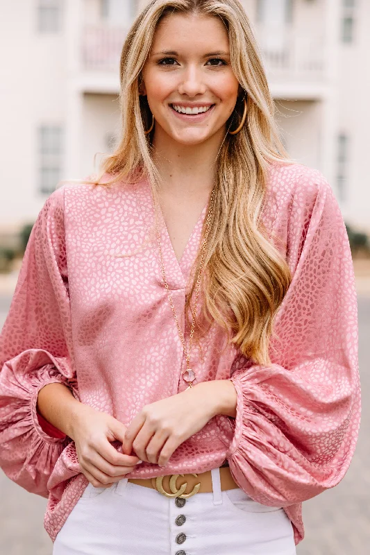 Put On A Show Salmon Pink Satin Leopard Blouse