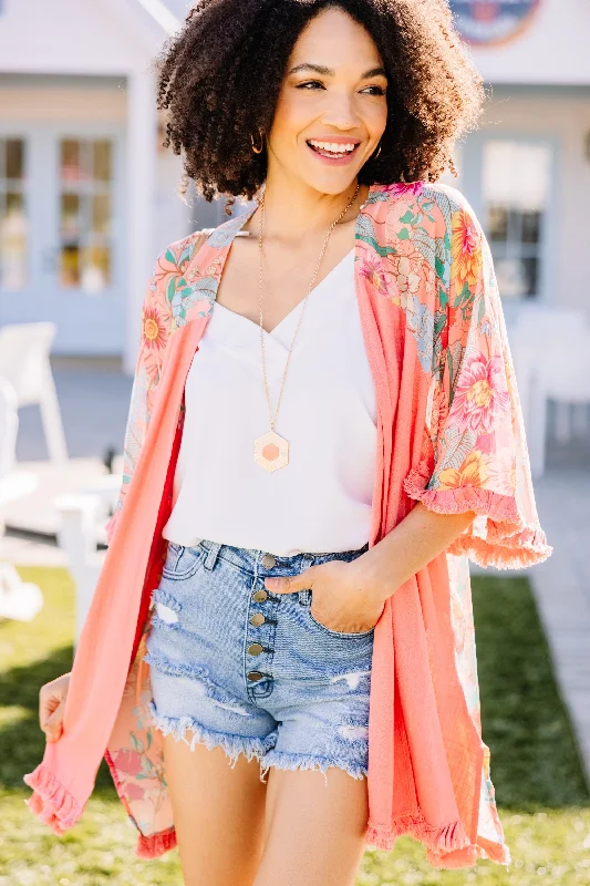 It's A Beautiful Day Coral Orange Floral Kimono