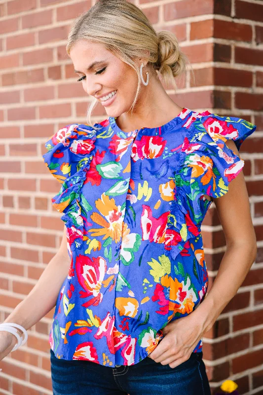 Happy To See You Blue Floral Blouse