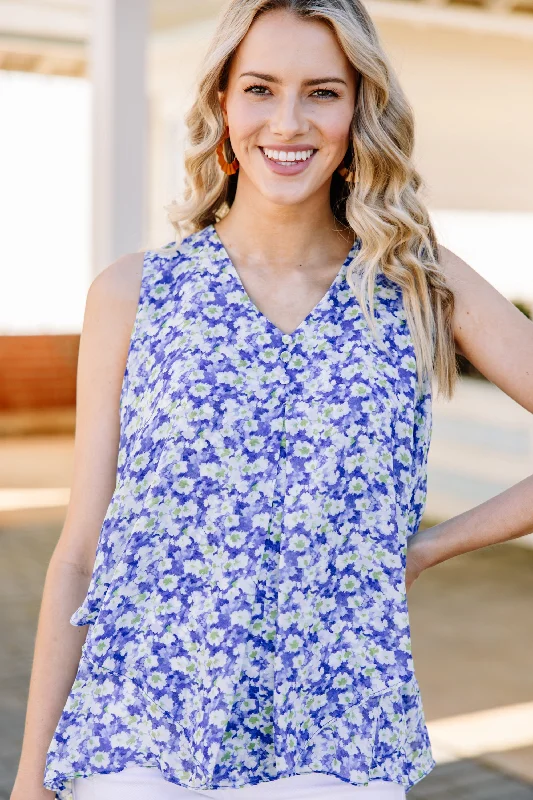 On Your Time Blue Ditsy Floral Tank