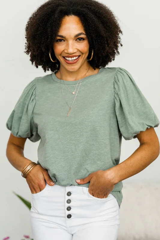 Speak Your Peace Sage Green Bubble Sleeve Top