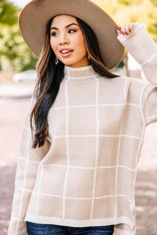 Take The Call Taupe Brown Plaid Sweater