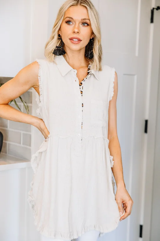 Have Your Attention Oatmeal White Sleeveless Tunic