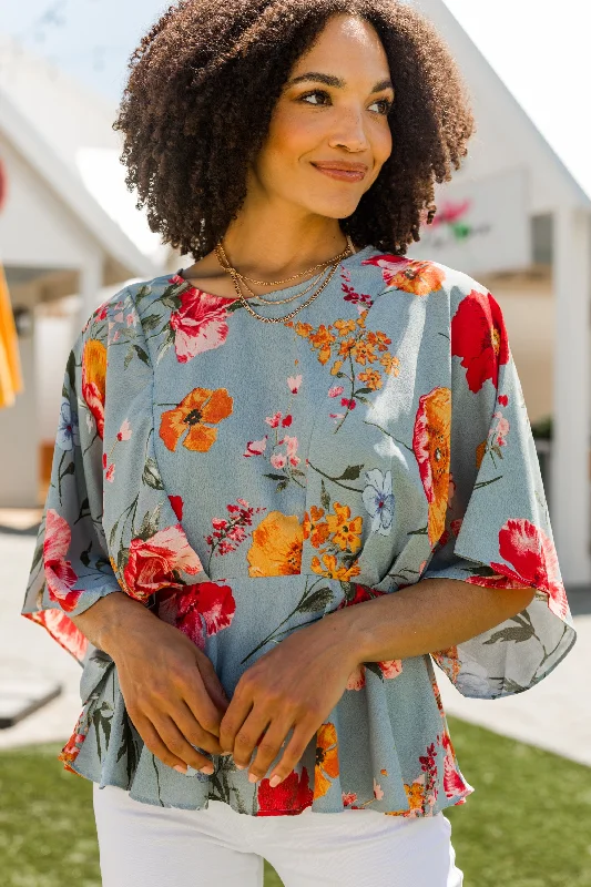 Now Is Your Time Light Blue Floral Blouse