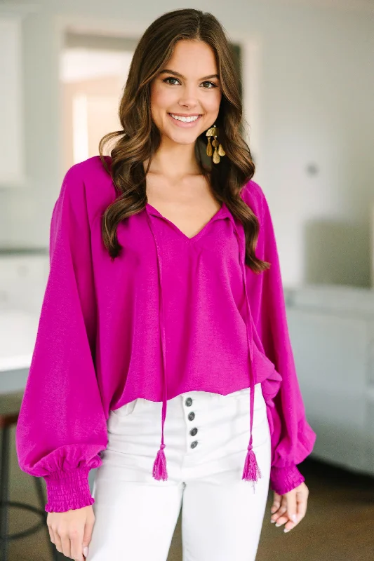 One Of A Kind Magenta Purple Tie Neck Blouse