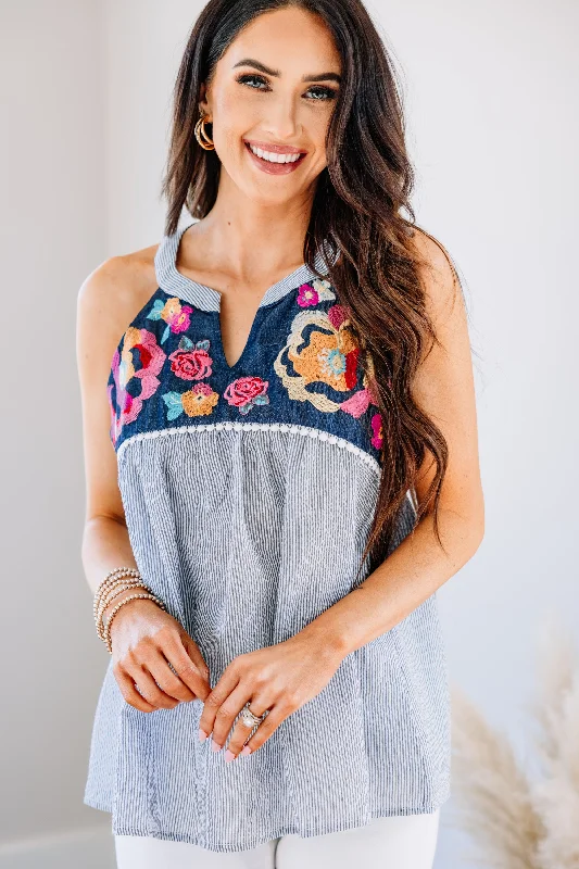 Needed You Denim Blue Embroidered Tank