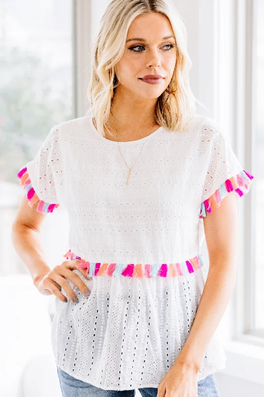 Live Your Life White Eyelet Tassel Top