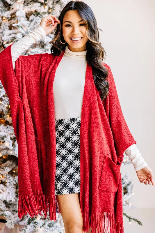 Take Your Word Red Tassel Open Front Poncho