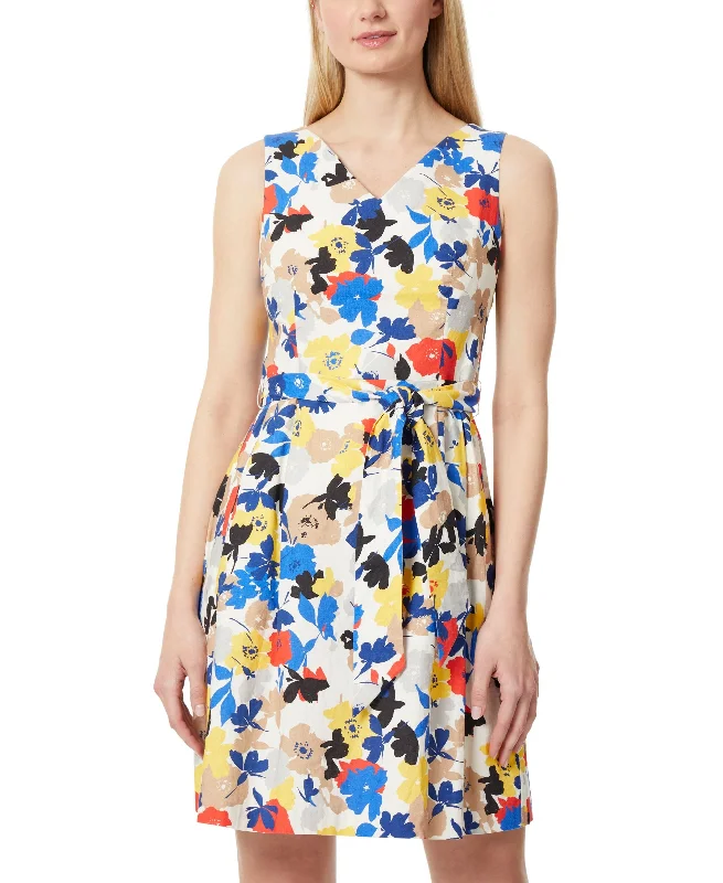 Women's V-neck Tie Floral Flare Dress