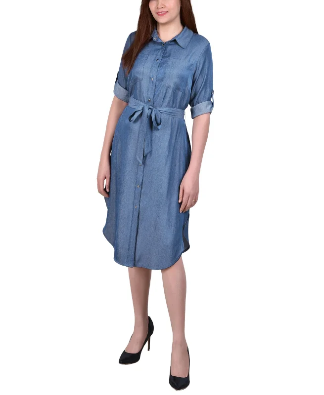 Petite 3/4 Roll Tab Sleeve Denim Dress