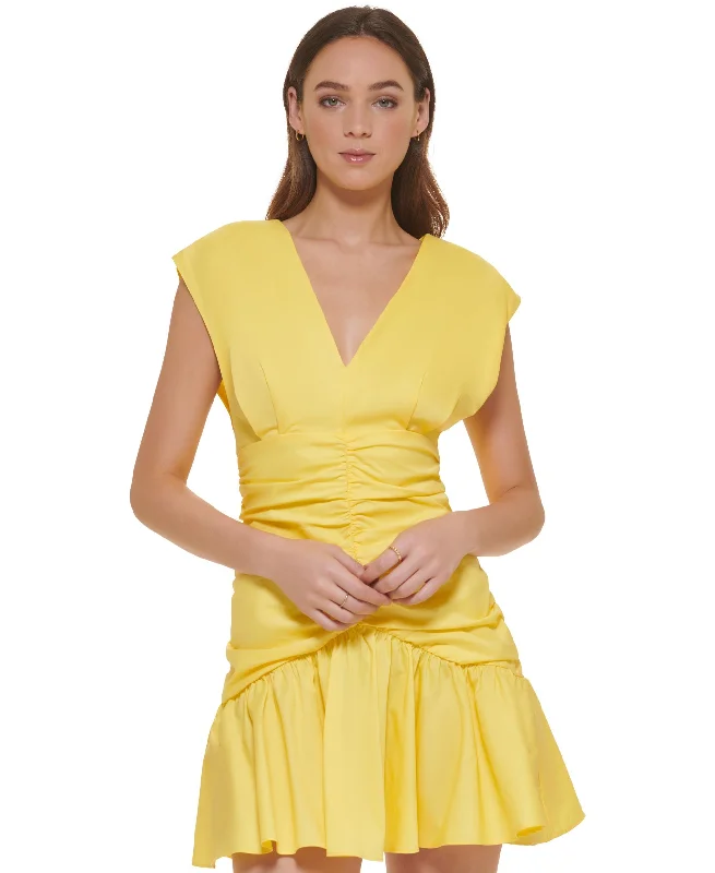 Women's V-Neck Empire-Waist Ruched Poplin Dress