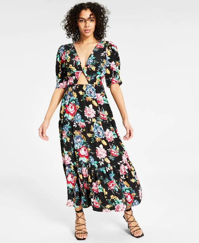 Women's Printed Twist-Front Cut-Out Tiered Keyhole Midi Dress