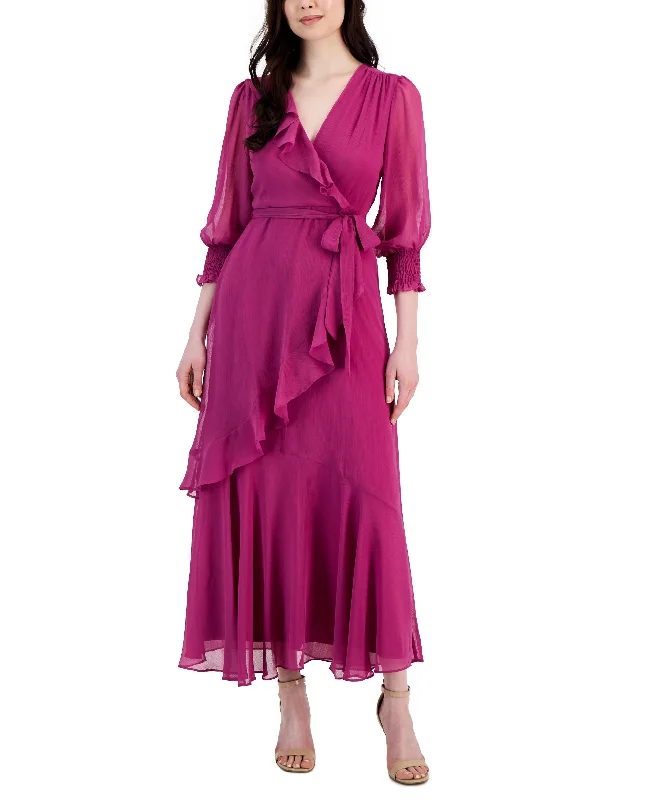 Women's Belted Ruffled V-neck Draped Dress