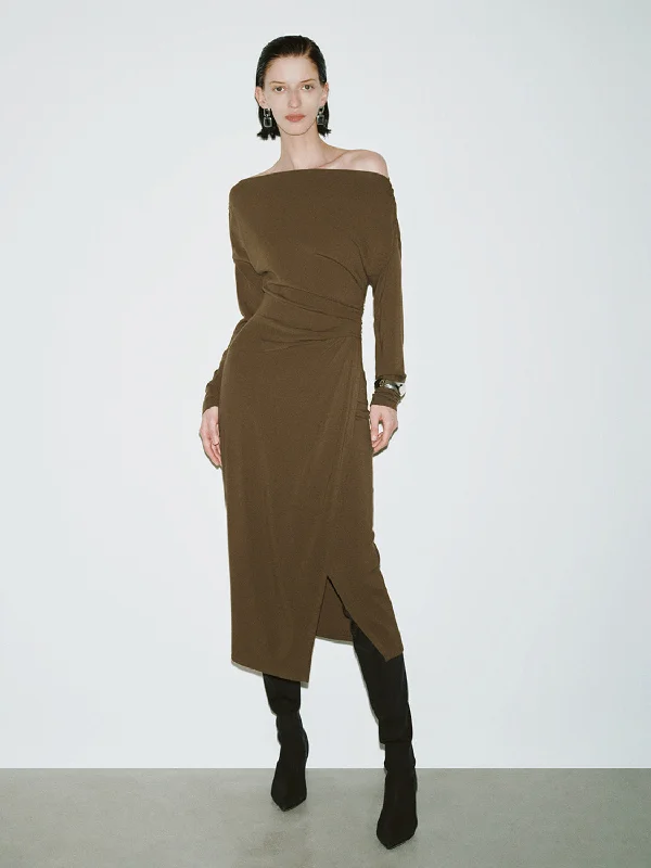 Ruched Boat Neck Skinny Dress