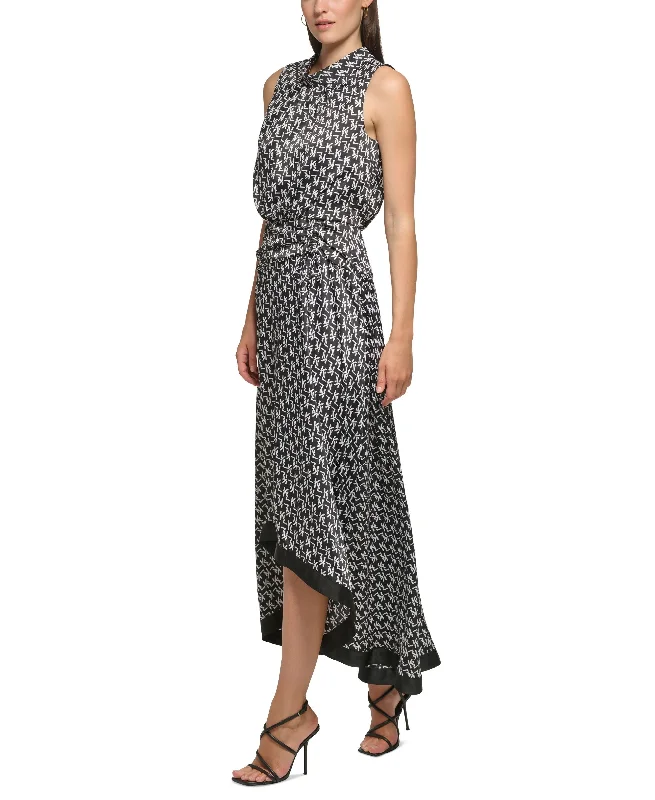 Women's Mock Neck Blouson High-Low Printed Midi Dress