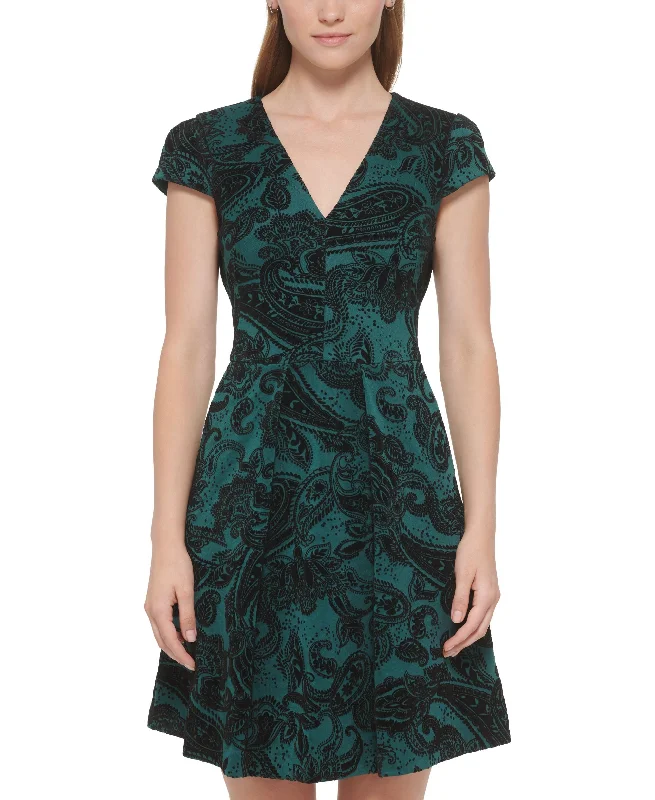 Vince Camuto Womens Paisley Flocked Cap Sleeve Dress